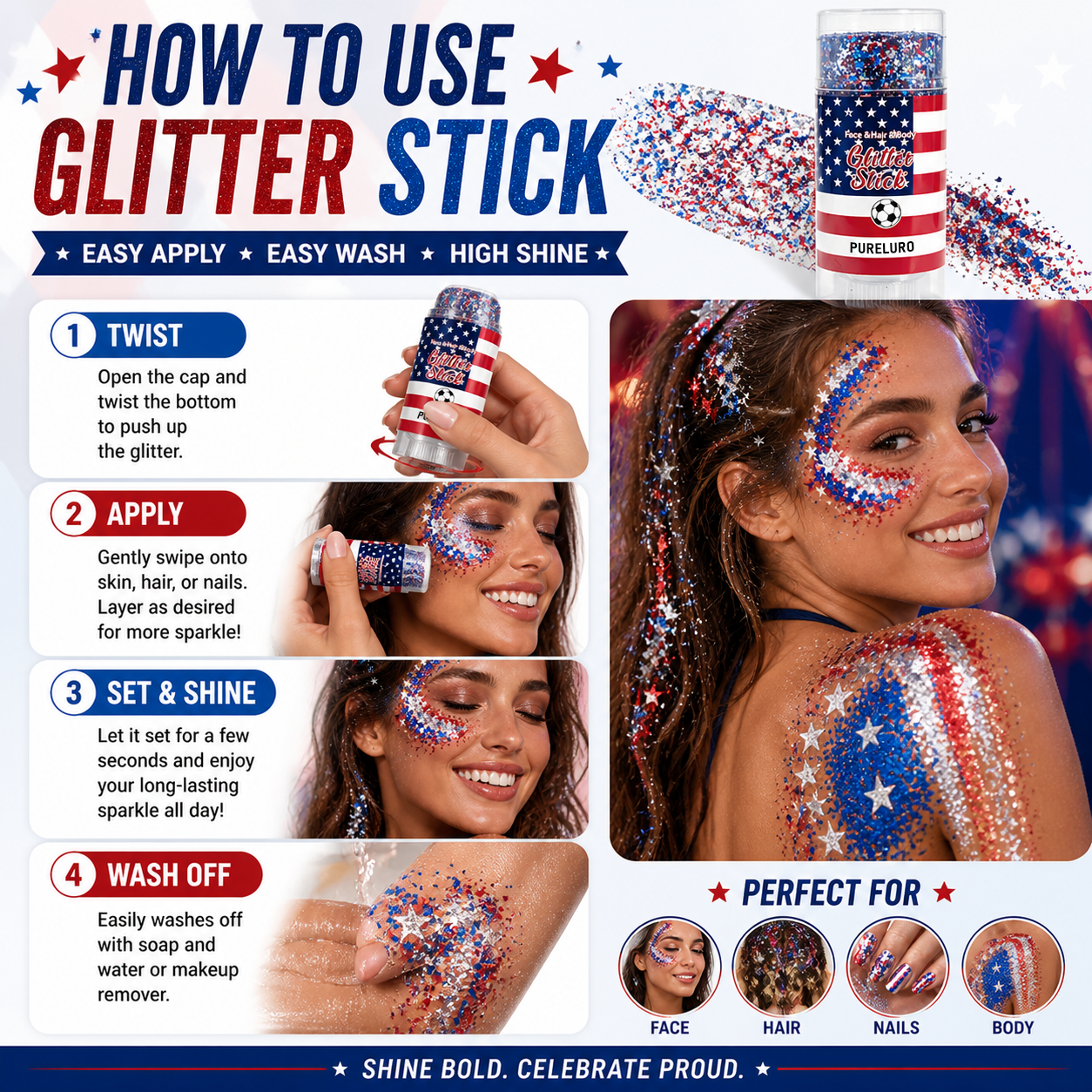 4th of July Glitter Stick – Red, White & Blue Body & Hair Sparkle