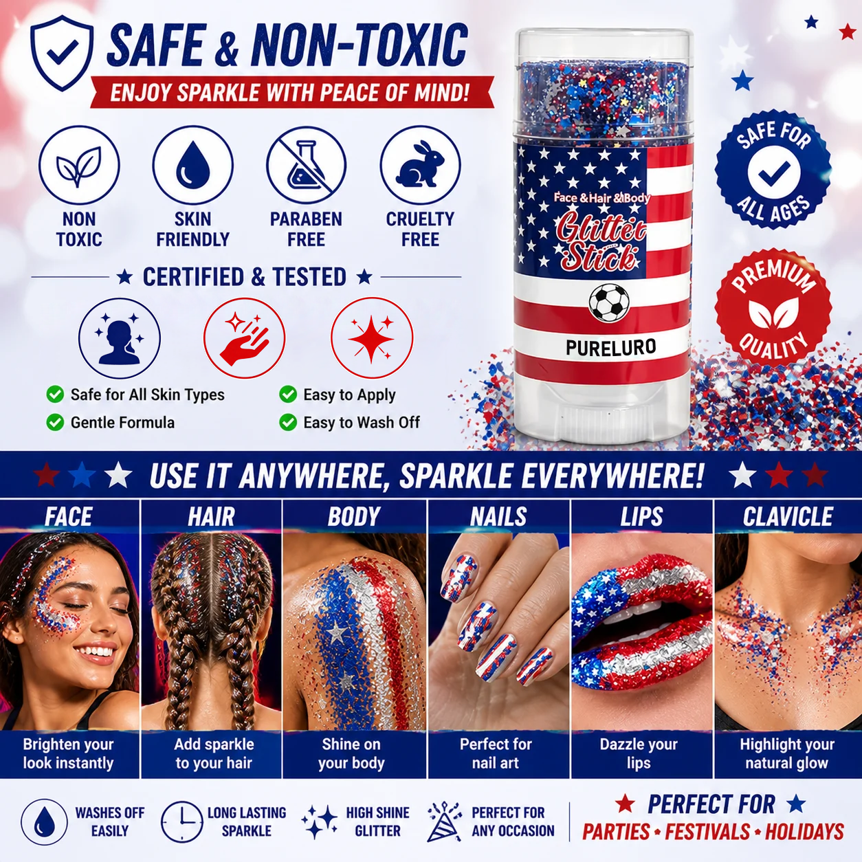 4th of July Glitter Stick – Red, White & Blue Body & Hair Sparkle